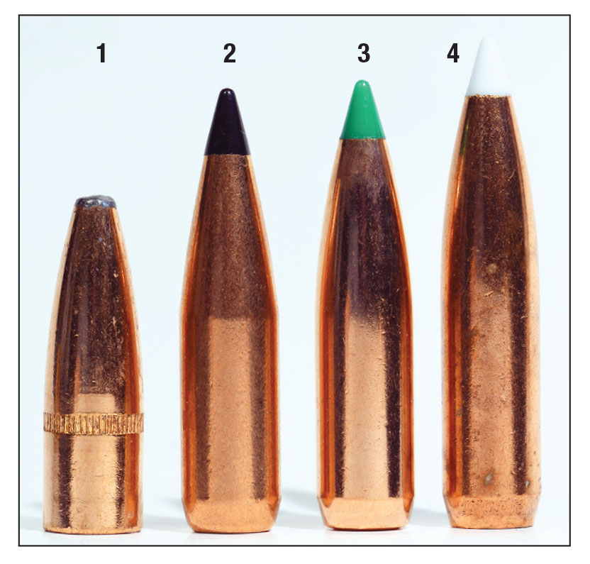 Bullets tested include: (1) Speer 150-grain Grand Slam, (2) Swift 165-grain Scirocco II, (3) Nosler 180-grain Ballistic Tip and (4) Nosler 200-grain AccuBond.